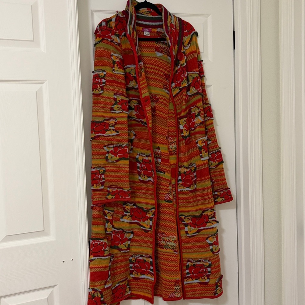 SALE! IVKO Wool Longline Duster Length Cardigan Sweater Colorful Boho Size Large